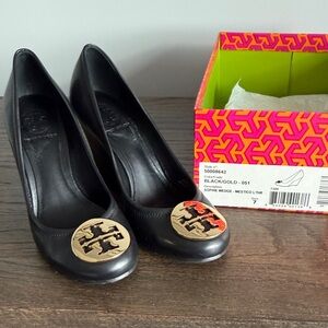 Tory Burch Black Leather Wedges with Gold Logo Medallion